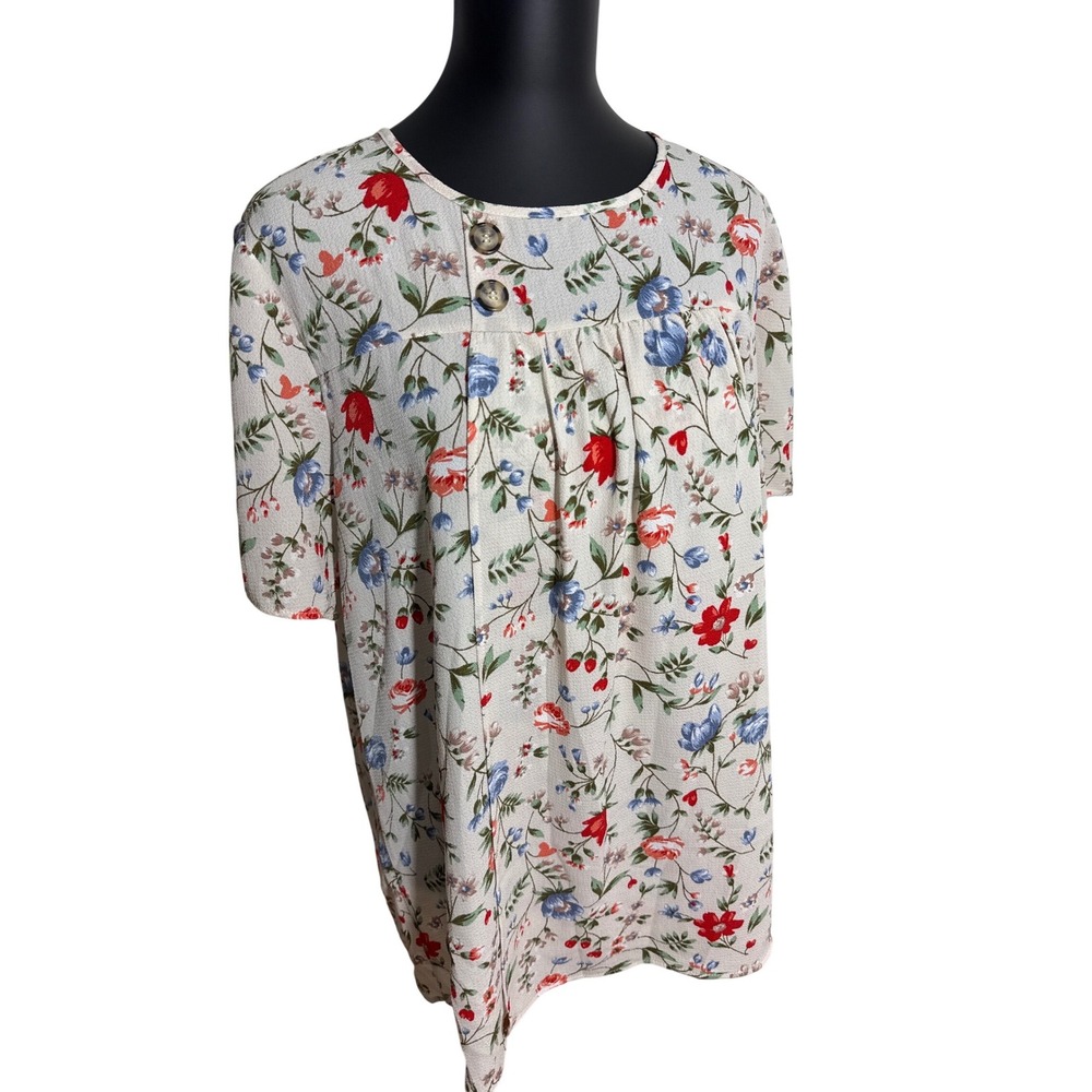 Cedar & Gold Floral‎ Blouse Womens Large Cream Red Blue Short Sleeve NWT